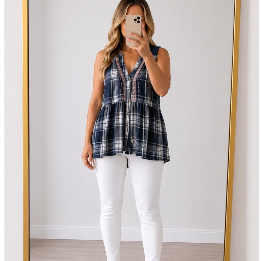 Knox Rose🌿Plaid Sleeveless Boho Tunic Top Lace Trim Button Front Women SZ Large